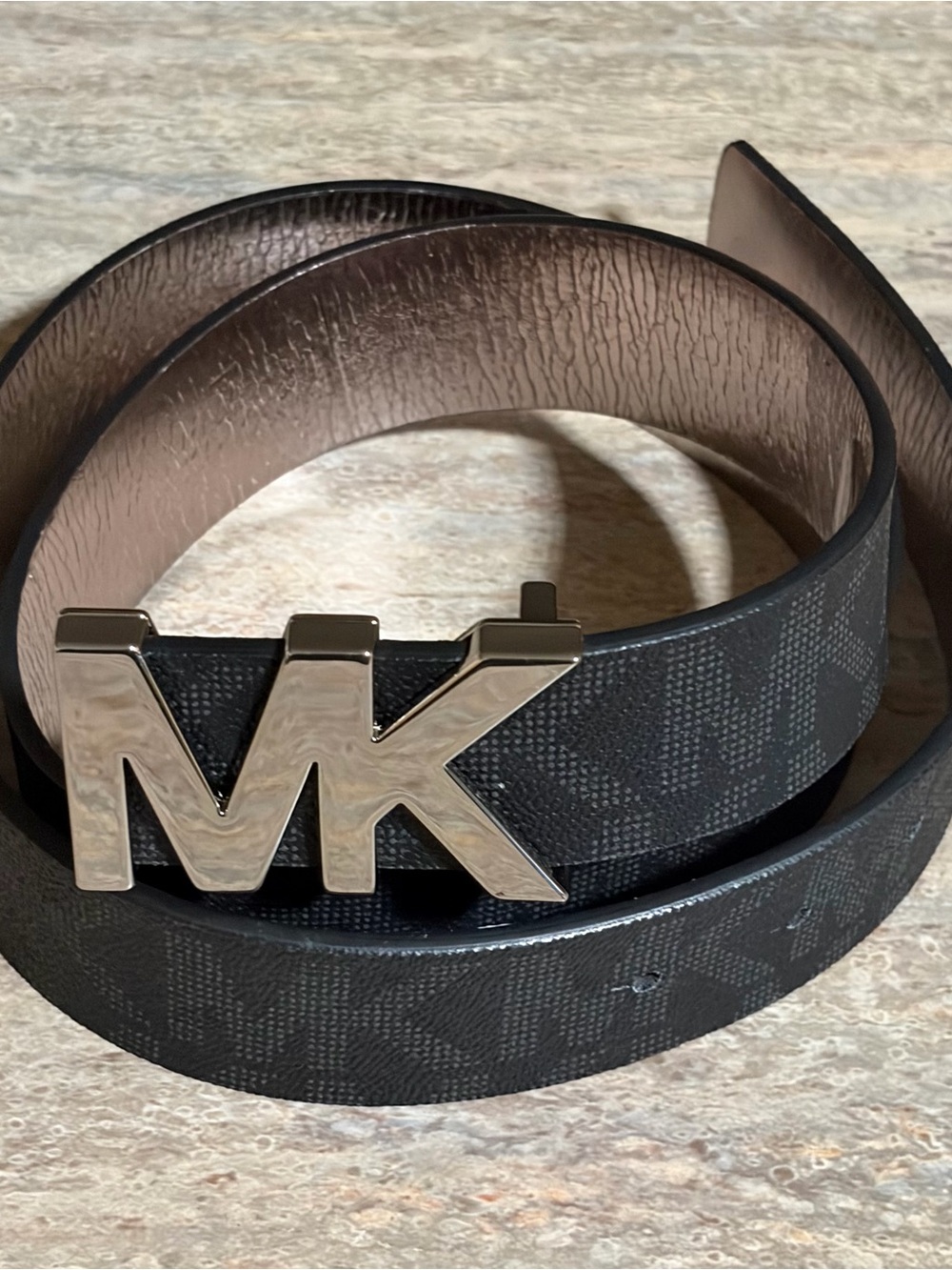 Michael Kors Men's Black Signature MK Silver Color Logo Leather Belt - Picture 12 of 16